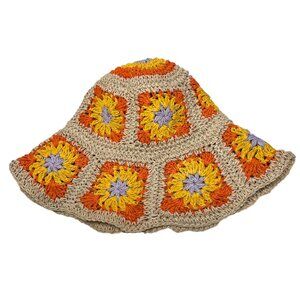 NEW Orange Yellow Straw Floral Granny Square Crochet Bucket Hat Cottage Core OS